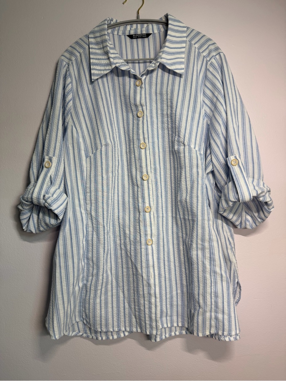 BloomChic Plus Size 18-20 Blue White Striped Cotton Button Down Shirt